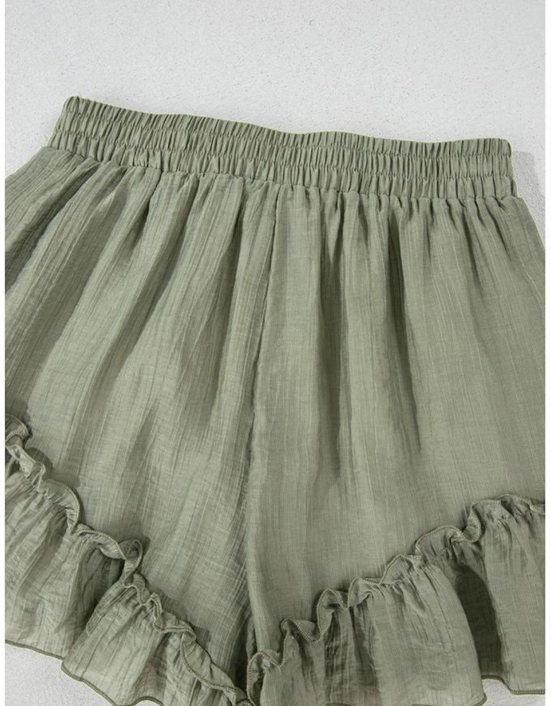Laurel Green Textured Tie Waist Ruffle Hem Shorts