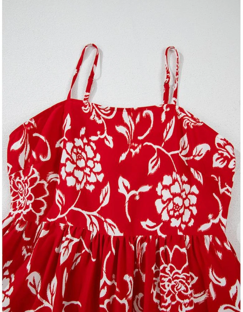 Red Floral Printed Spaghetti Strap Empire Waist Maxi Dress