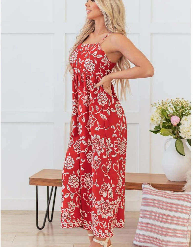 Red Floral Printed Spaghetti Strap Empire Waist Maxi Dress