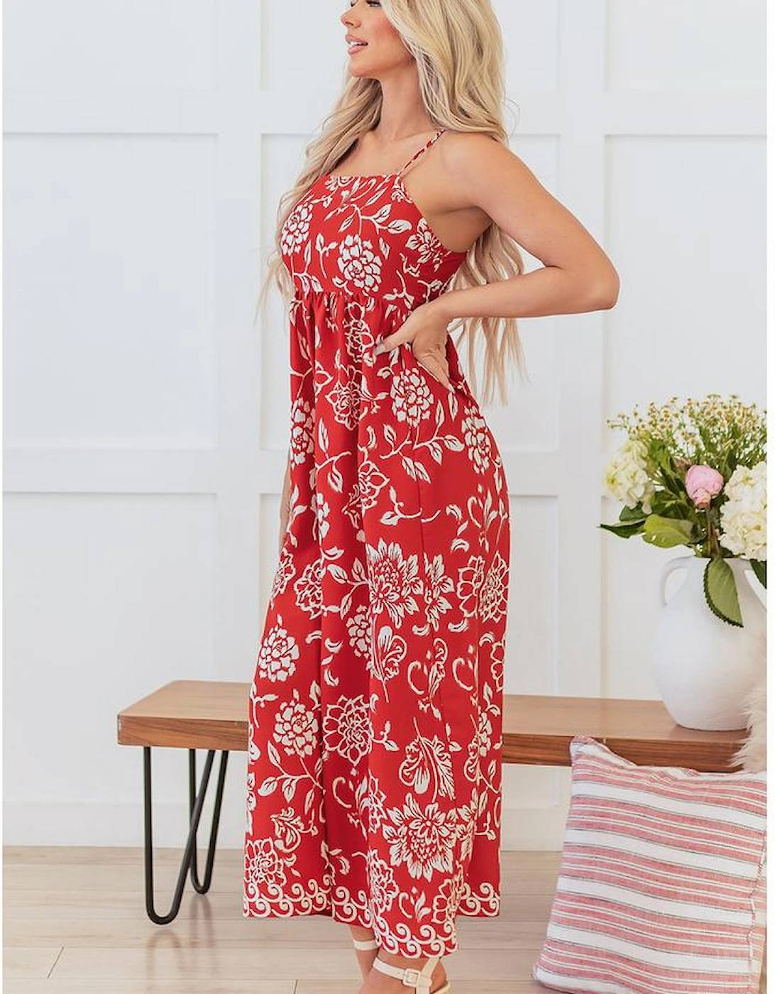 Red Floral Printed Spaghetti Strap Empire Waist Maxi Dress
