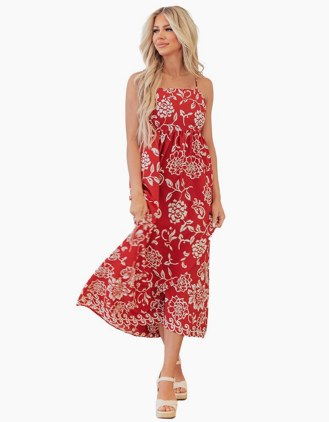 Red Floral Printed Spaghetti Strap Empire Waist Maxi Dress