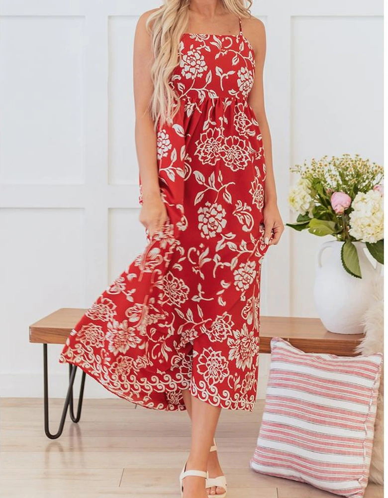 Red Floral Printed Spaghetti Strap Empire Waist Maxi Dress