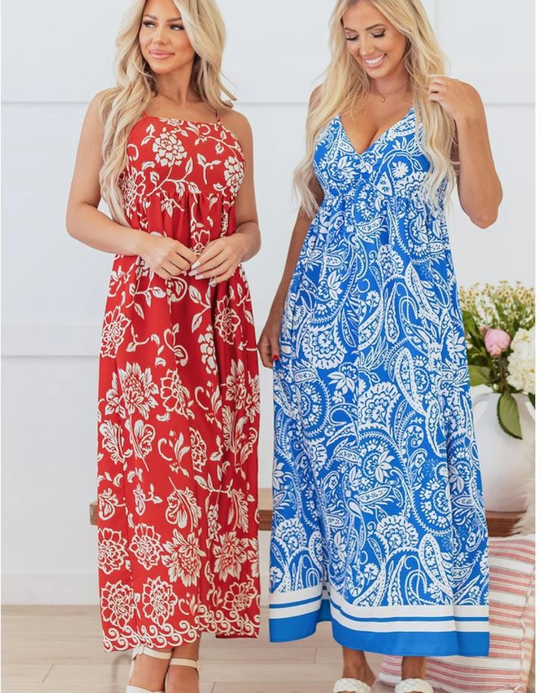 Red Floral Printed Spaghetti Strap Empire Waist Maxi Dress