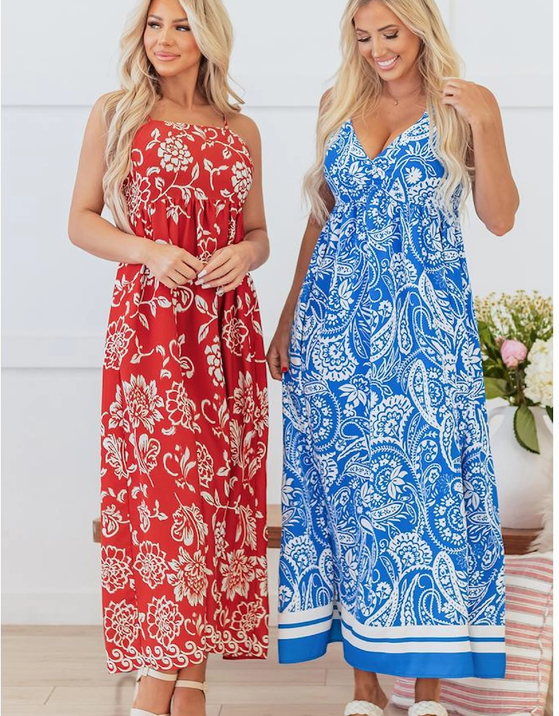 Red Floral Printed Spaghetti Strap Empire Waist Maxi Dress