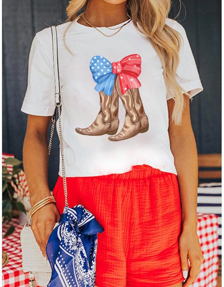 White Patriotic Bow Cowgirl Boots Printed Cotton Blend T Shirt