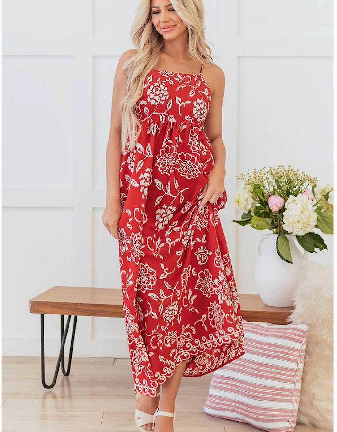 Red Floral Printed Spaghetti Strap Empire Waist Maxi Dress