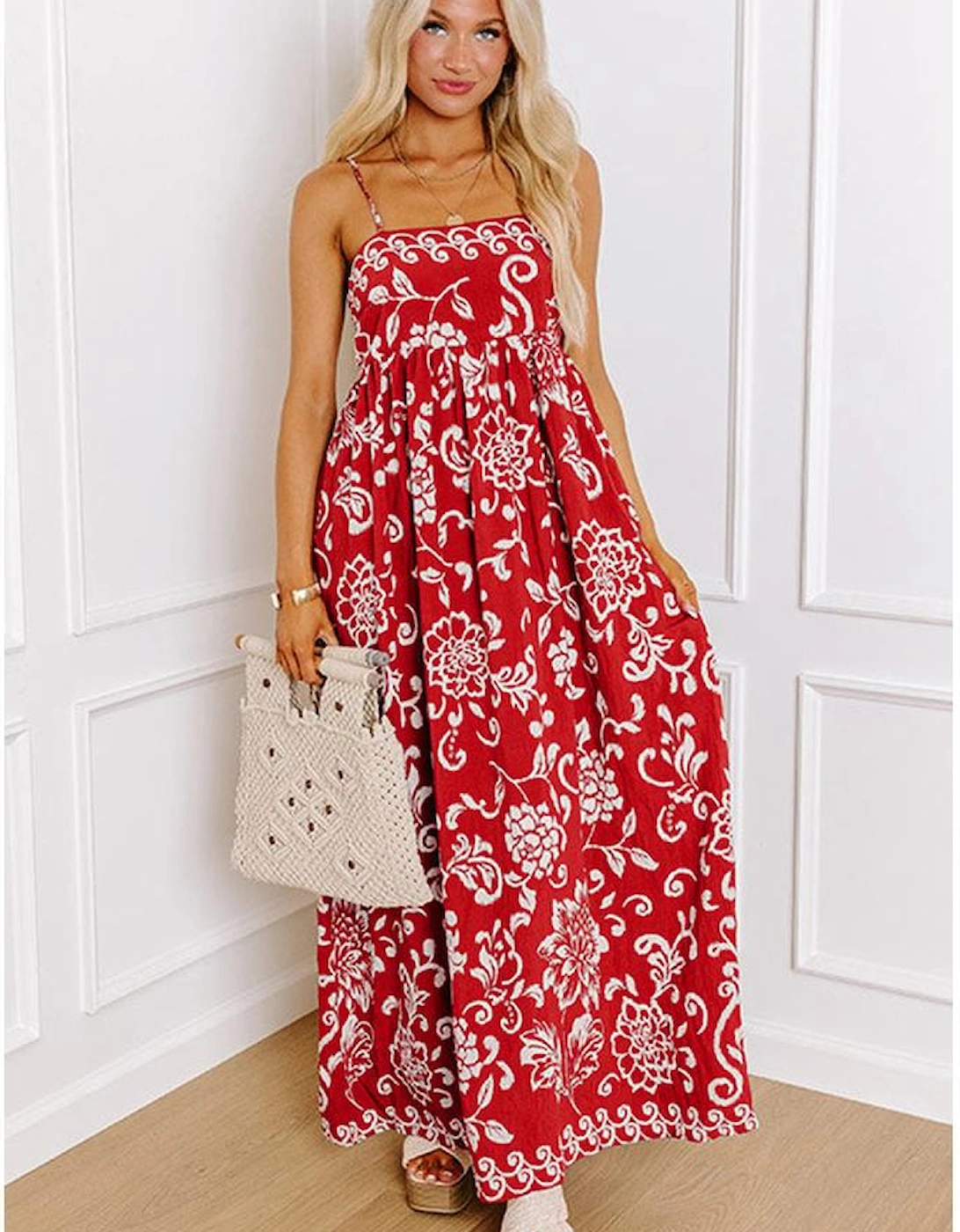 Red Floral Printed Spaghetti Strap Empire Waist Maxi Dress