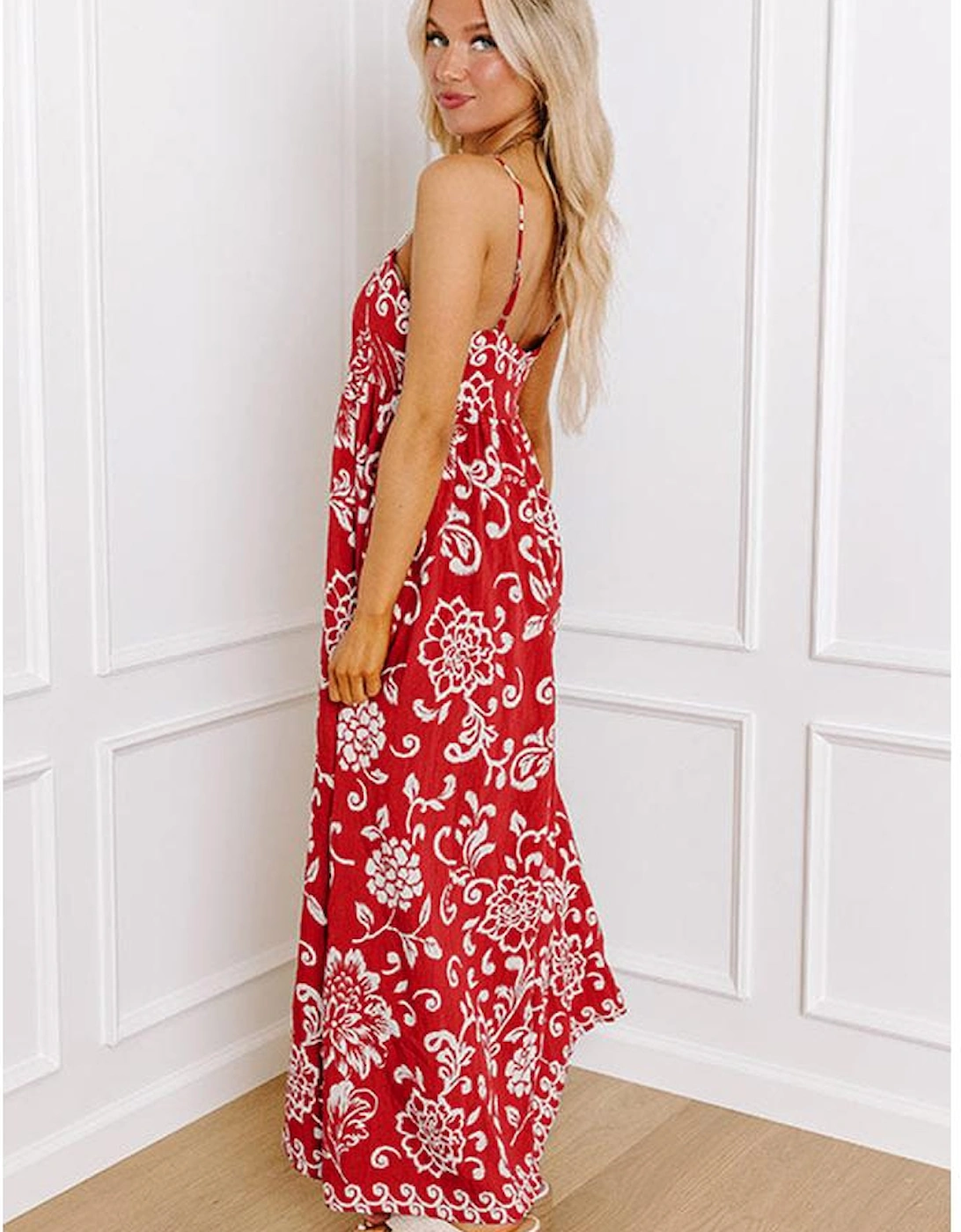 Red Floral Printed Spaghetti Strap Empire Waist Maxi Dress