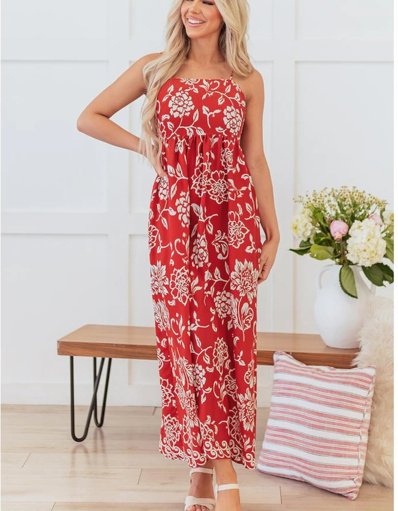 Red Floral Printed Spaghetti Strap Empire Waist Maxi Dress