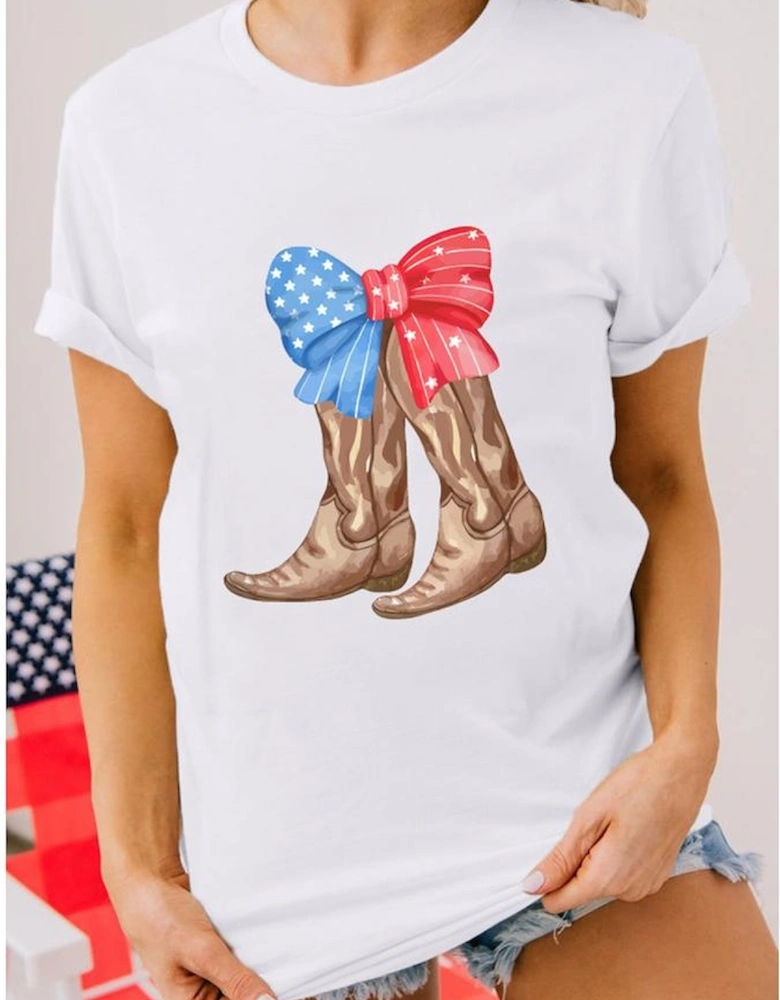 White Patriotic Bow Cowgirl Boots Printed Cotton Blend T Shirt