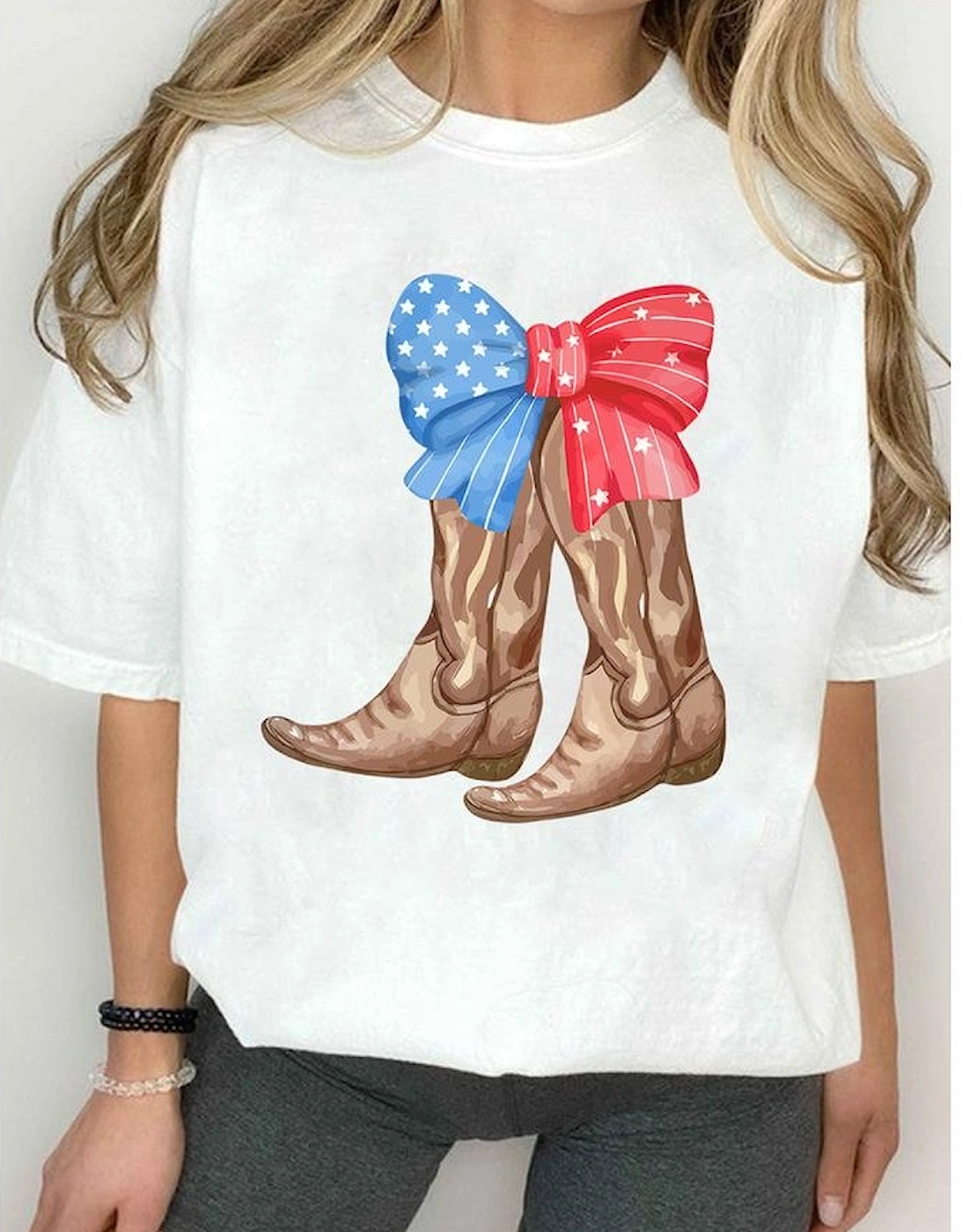 White Patriotic Bow Cowgirl Boots Printed Cotton Blend T Shirt