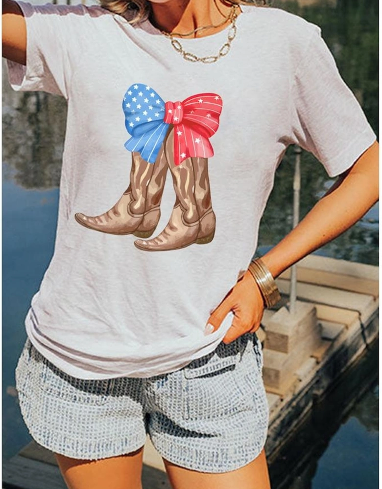 White Patriotic Bow Cowgirl Boots Printed Cotton Blend T Shirt