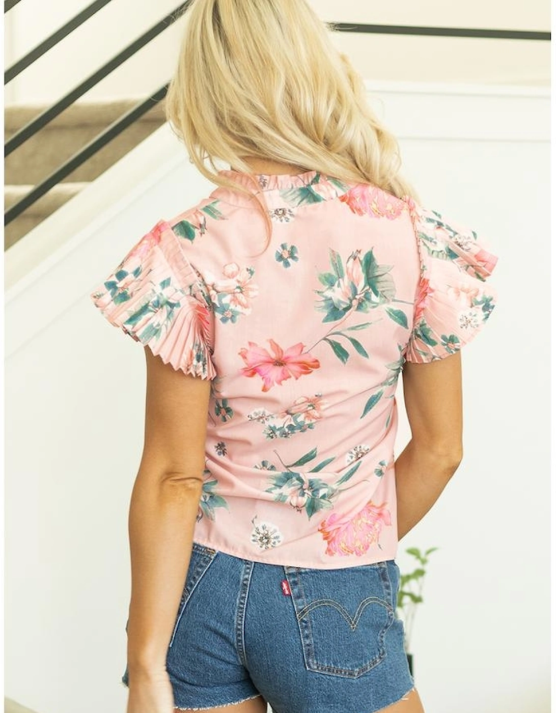 Pink Floral Print Frilled V Neck Pleated Sleeve Blouse, 16 of 15