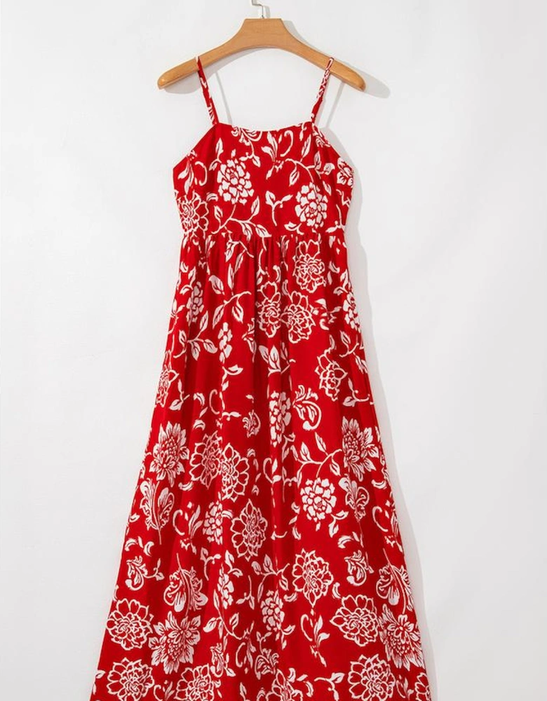 Red Floral Printed Spaghetti Strap Empire Waist Maxi Dress