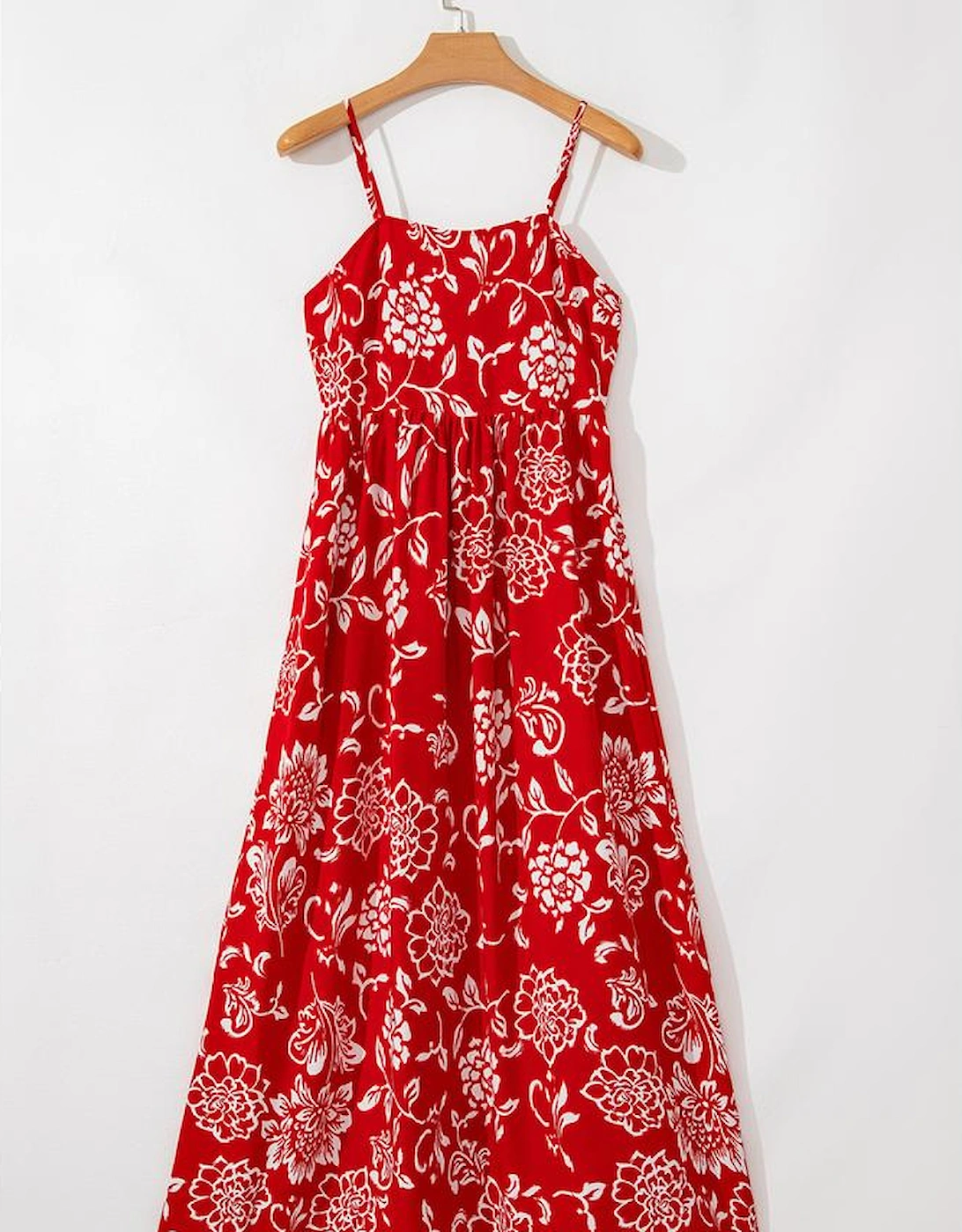Red Floral Printed Spaghetti Strap Empire Waist Maxi Dress