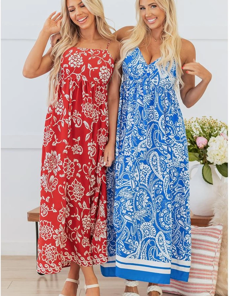 Red Floral Printed Spaghetti Strap Empire Waist Maxi Dress