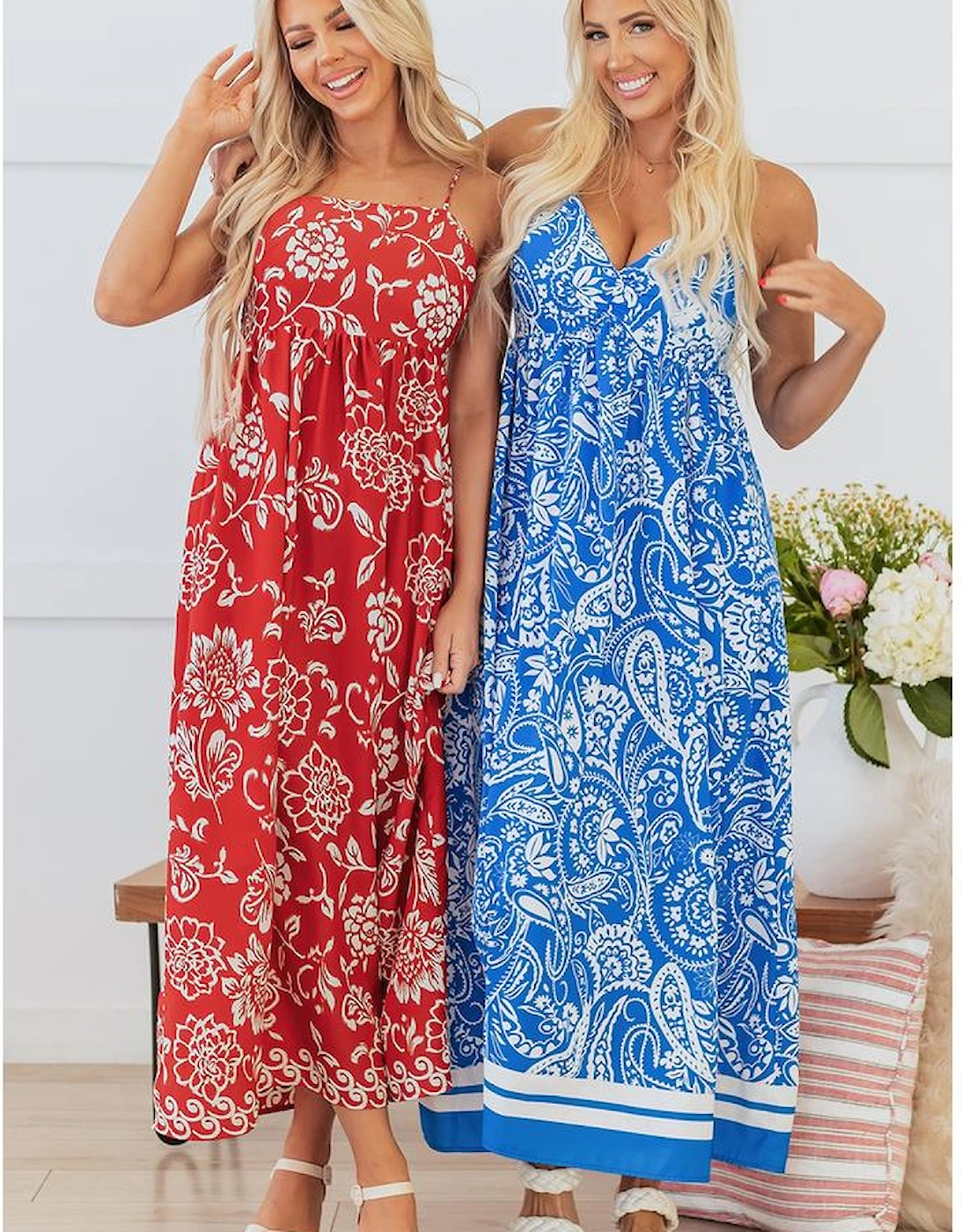 Red Floral Printed Spaghetti Strap Empire Waist Maxi Dress