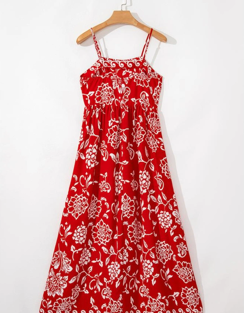 Red Floral Printed Spaghetti Strap Empire Waist Maxi Dress