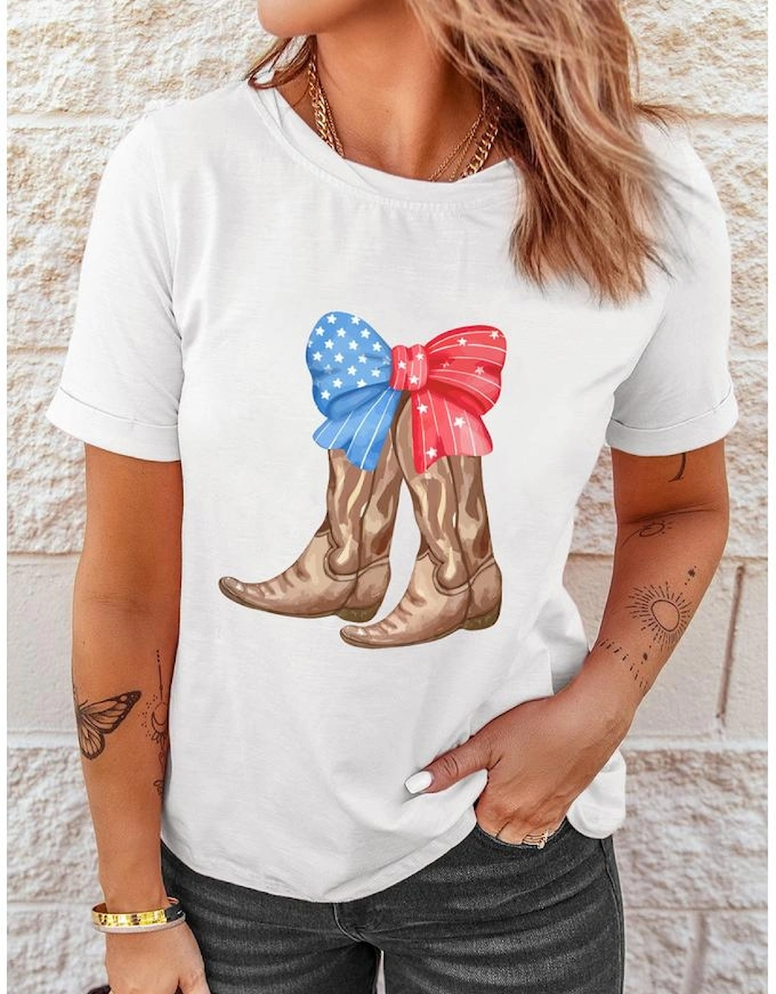 White Patriotic Bow Cowgirl Boots Printed Cotton Blend T Shirt