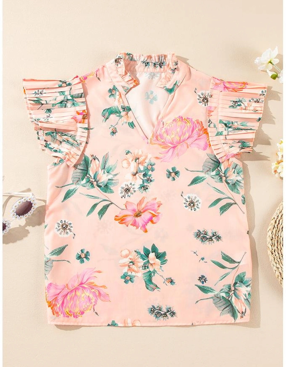 Pink Floral Print Frilled V Neck Pleated Sleeve Blouse