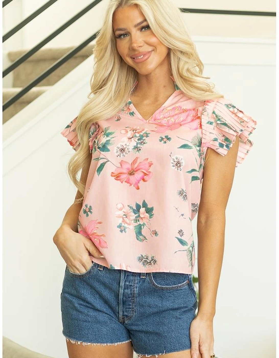 Pink Floral Print Frilled V Neck Pleated Sleeve Blouse