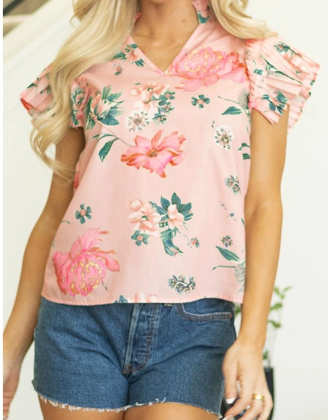 Pink Floral Print Frilled V Neck Pleated Sleeve Blouse