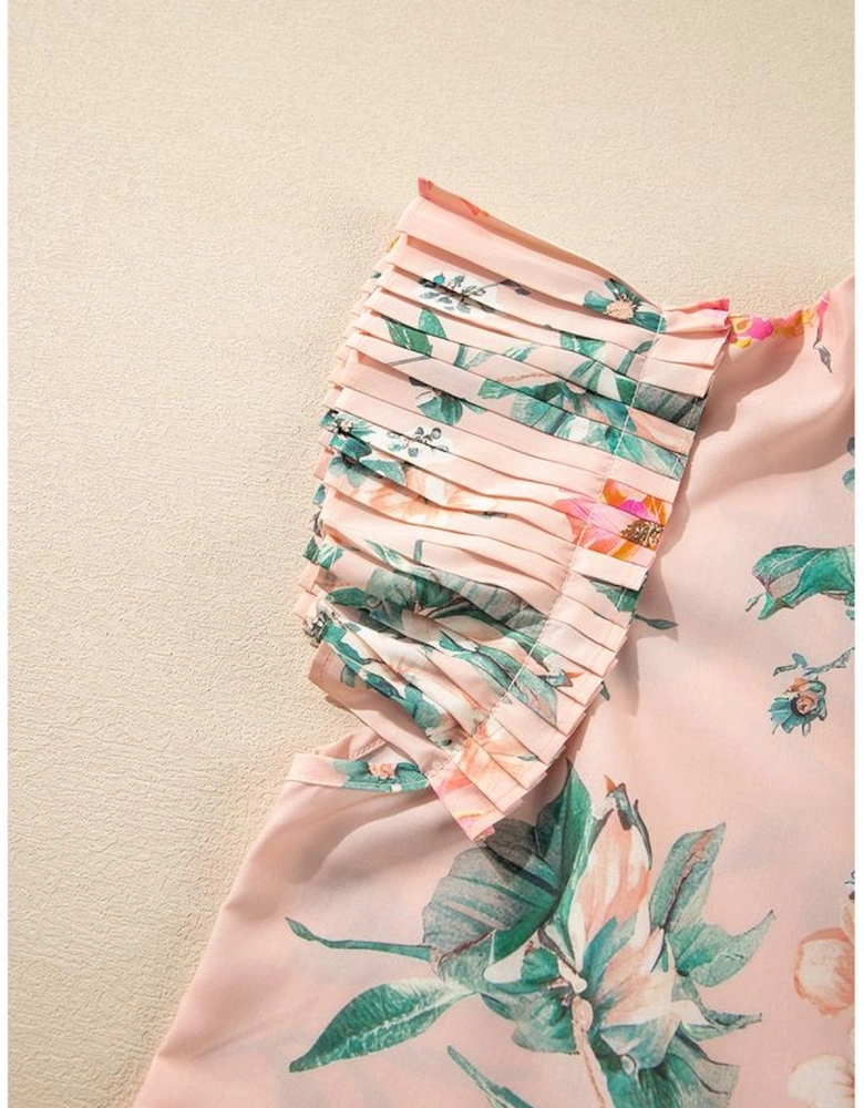Pink Floral Print Frilled V Neck Pleated Sleeve Blouse