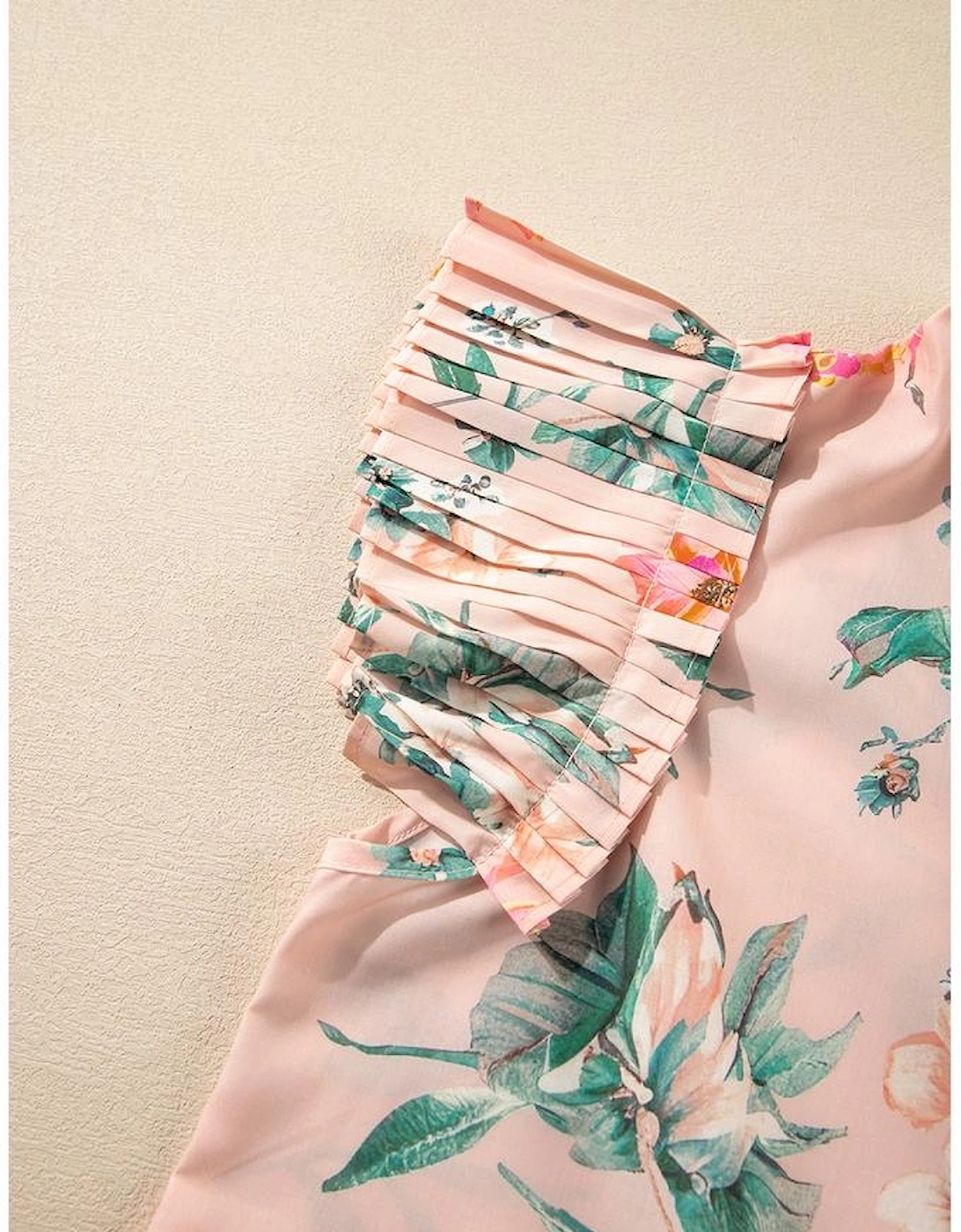 Pink Floral Print Frilled V Neck Pleated Sleeve Blouse