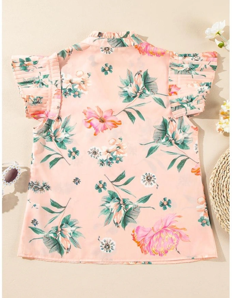 Pink Floral Print Frilled V Neck Pleated Sleeve Blouse