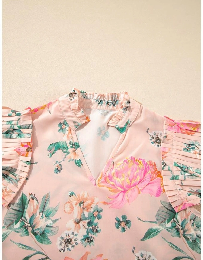 Pink Floral Print Frilled V Neck Pleated Sleeve Blouse