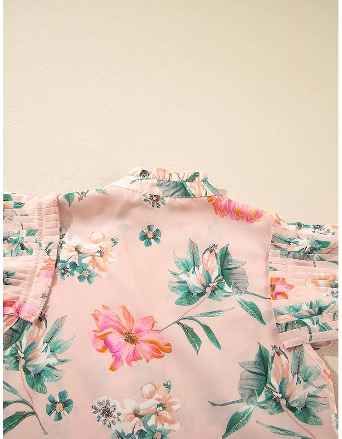 Pink Floral Print Frilled V Neck Pleated Sleeve Blouse