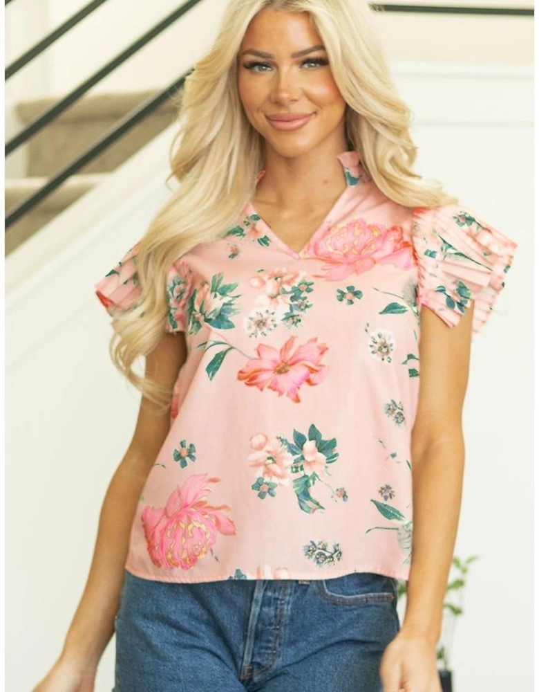 Pink Floral Print Frilled V Neck Pleated Sleeve Blouse