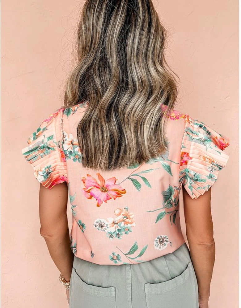 Pink Floral Print Frilled V Neck Pleated Sleeve Blouse