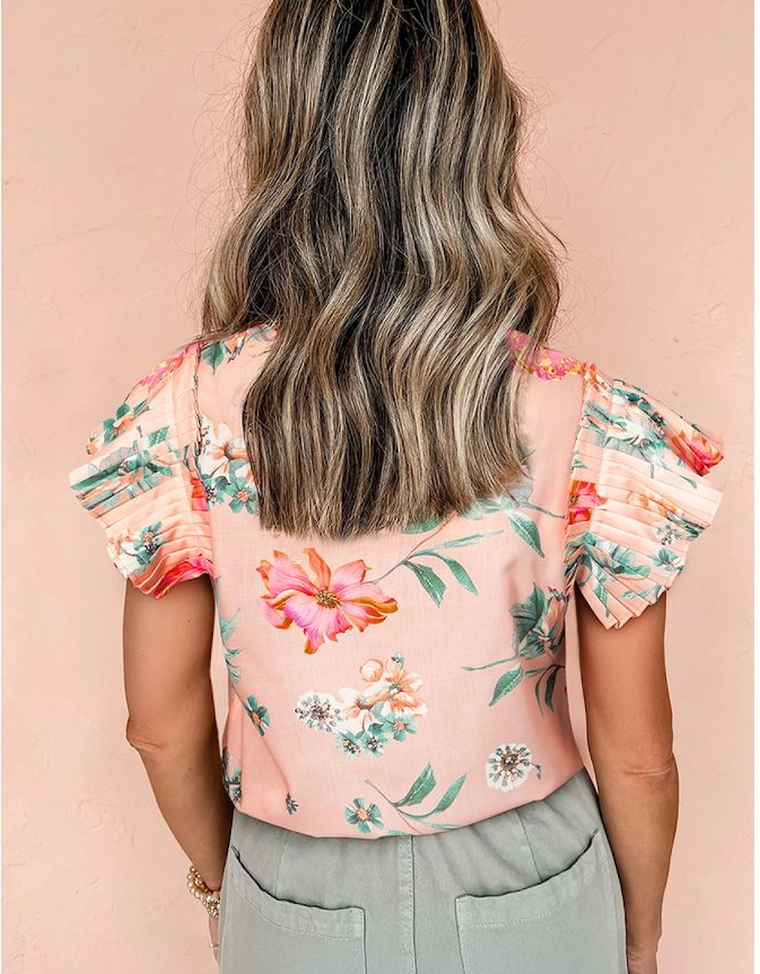 Pink Floral Print Frilled V Neck Pleated Sleeve Blouse