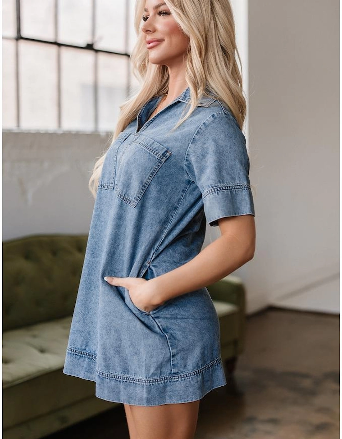 Beau Blue Short Sleeve Collared Patched Pocket Denim Mini Dress