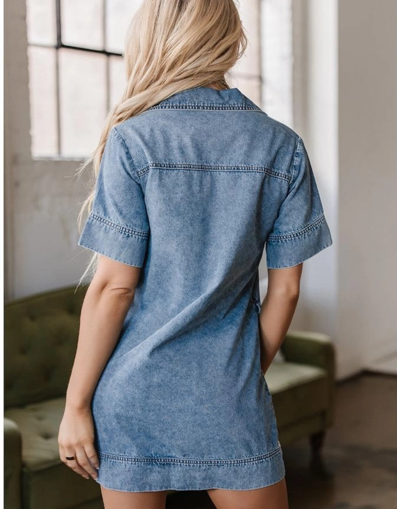 Beau Blue Short Sleeve Collared Patched Pocket Denim Mini Dress