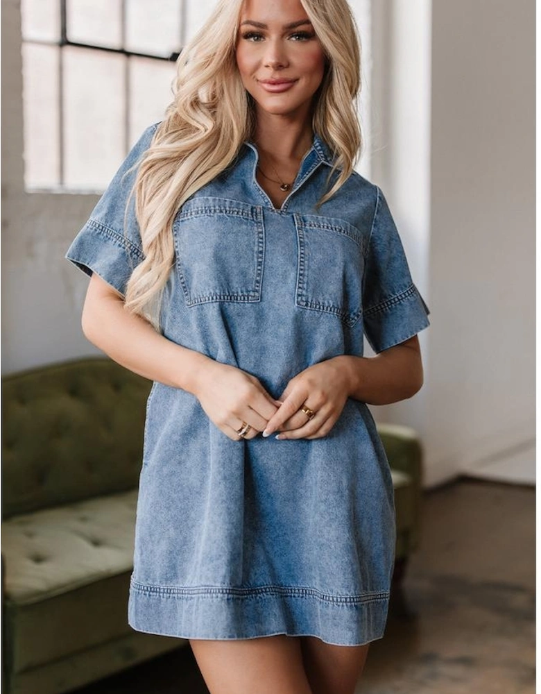 Beau Blue Short Sleeve Collared Patched Pocket Denim Mini Dress