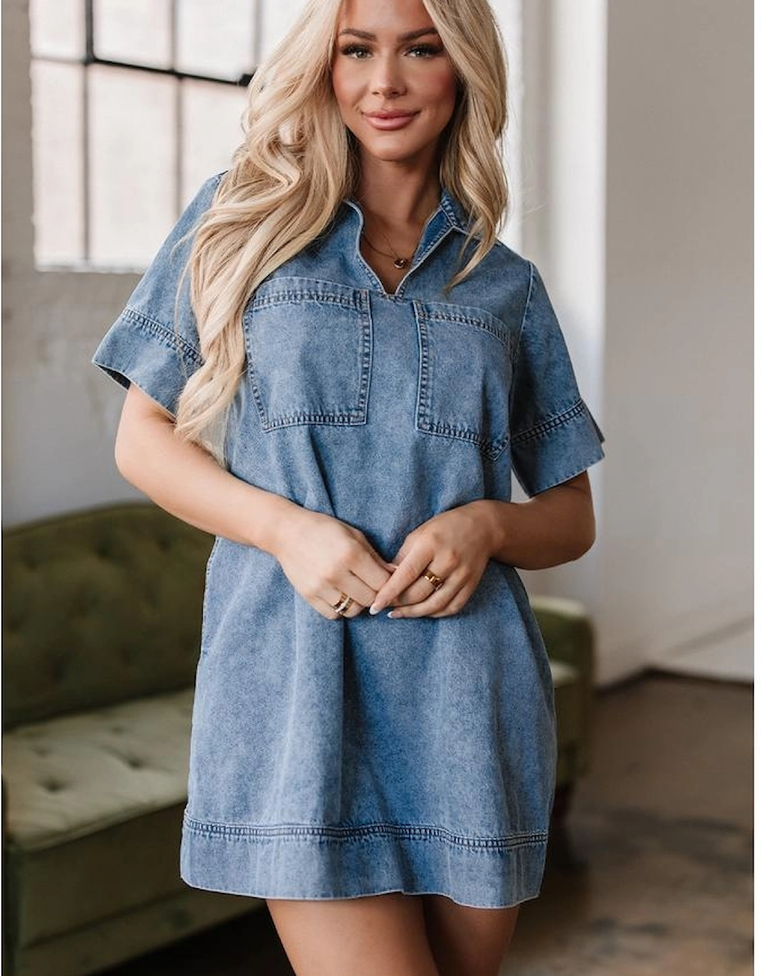 Beau Blue Short Sleeve Collared Patched Pocket Denim Mini Dress