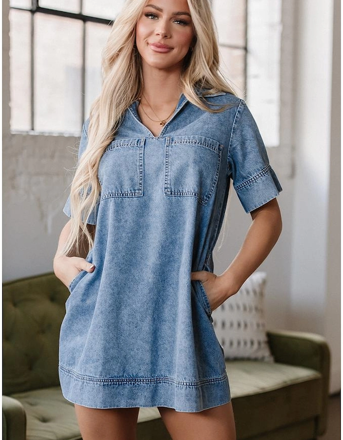 Beau Blue Short Sleeve Collared Patched Pocket Denim Mini Dress