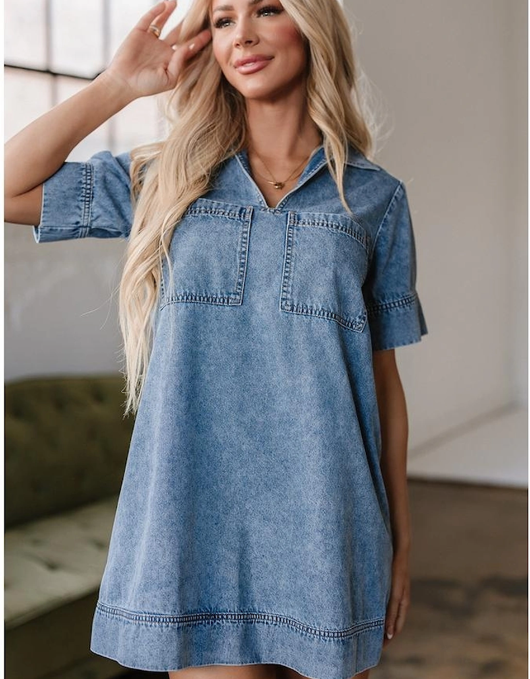 Beau Blue Short Sleeve Collared Patched Pocket Denim Mini Dress