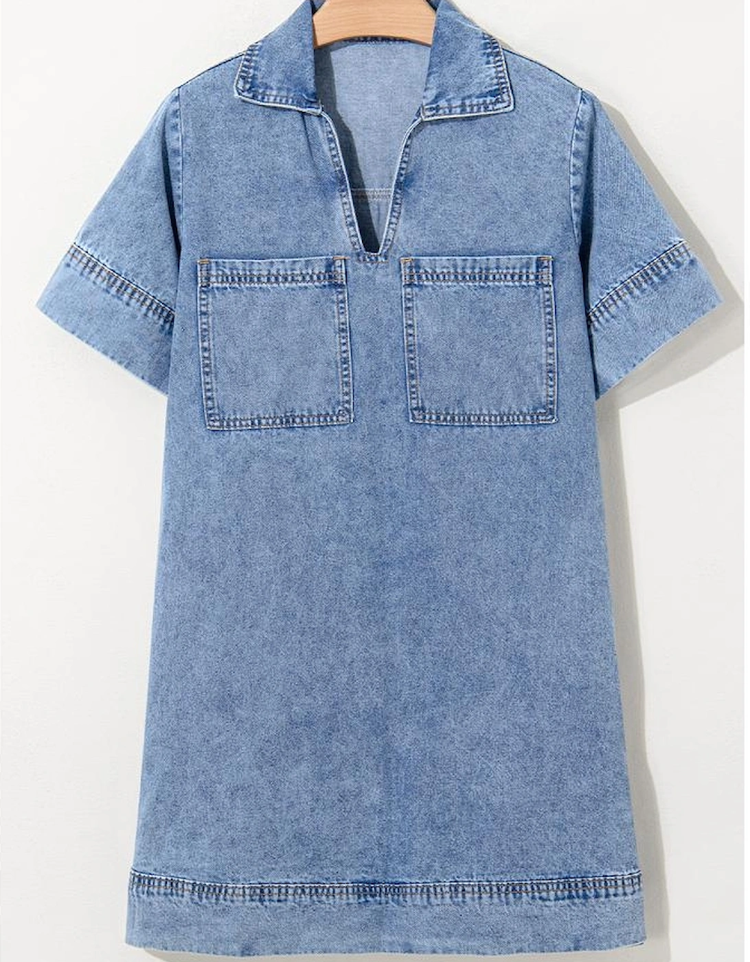 Beau Blue Short Sleeve Collared Patched Pocket Denim Mini Dress
