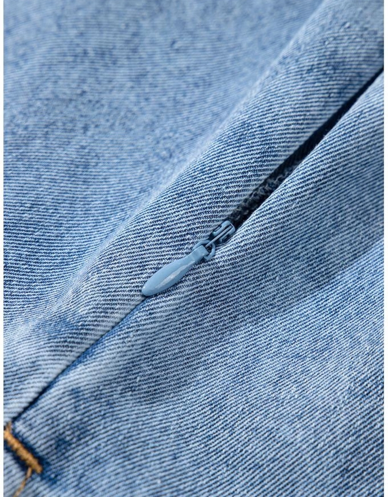 Beau Blue Short Sleeve Collared Patched Pocket Denim Mini Dress