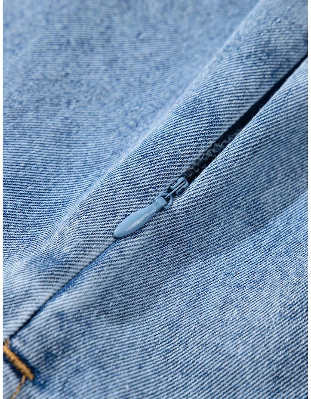 Beau Blue Short Sleeve Collared Patched Pocket Denim Mini Dress