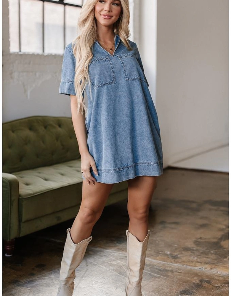 Beau Blue Short Sleeve Collared Patched Pocket Denim Mini Dress