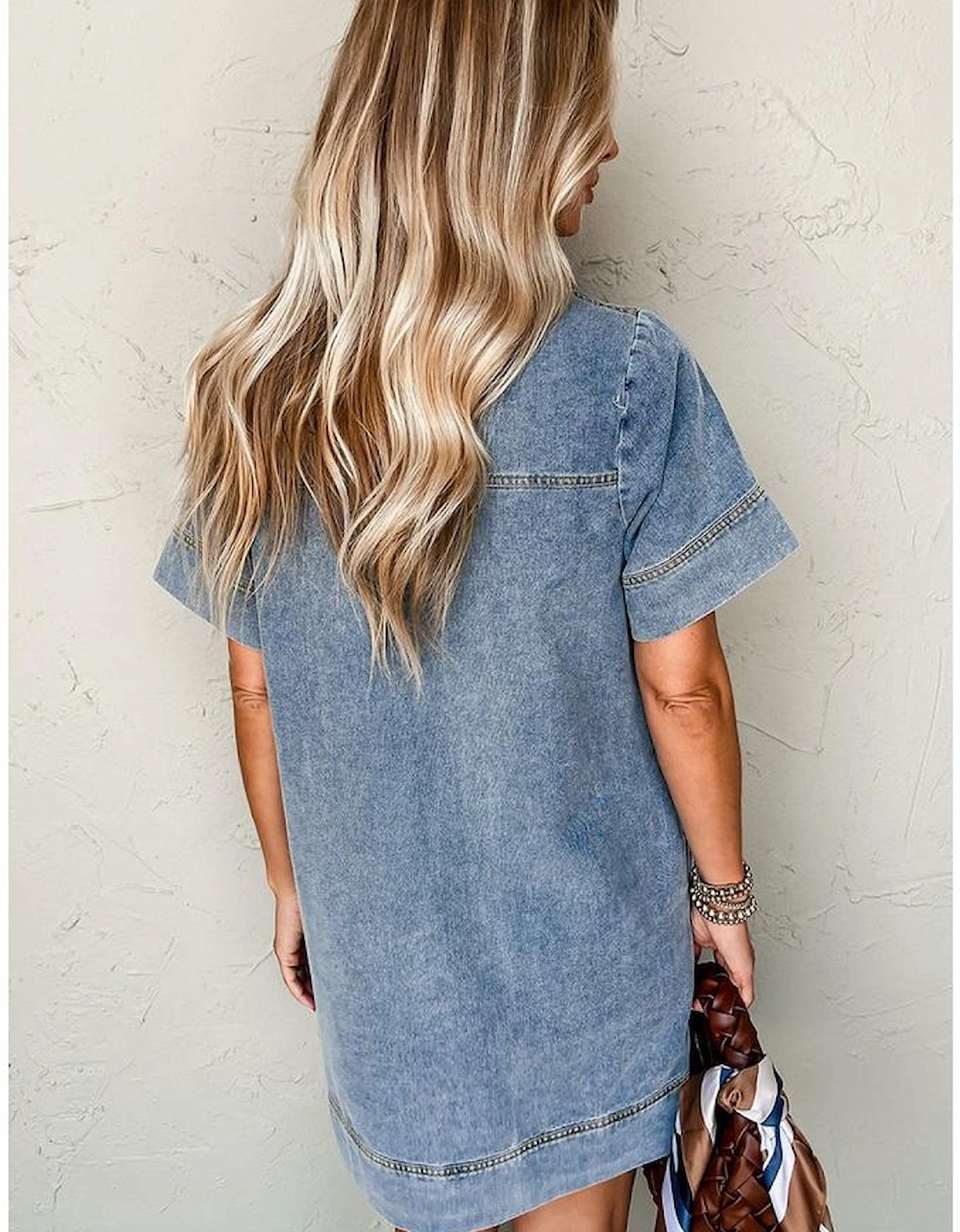 Beau Blue Short Sleeve Collared Patched Pocket Denim Mini Dress
