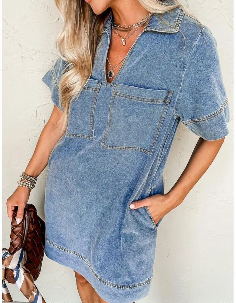 Beau Blue Short Sleeve Collared Patched Pocket Denim Mini Dress