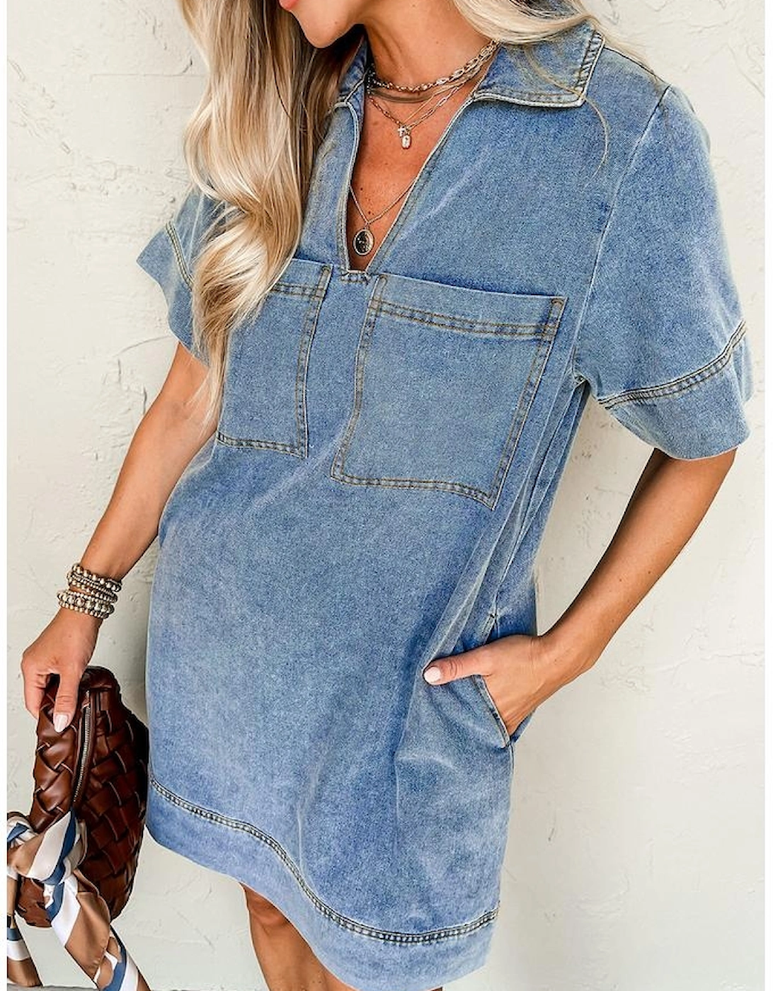 Beau Blue Short Sleeve Collared Patched Pocket Denim Mini Dress