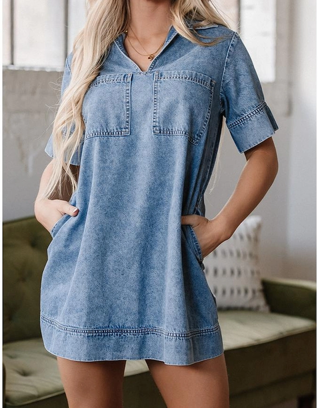 Beau Blue Short Sleeve Collared Patched Pocket Denim Mini Dress
