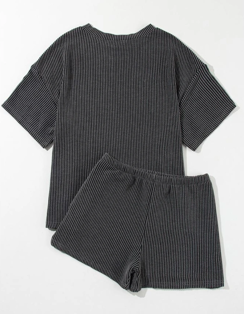 Carbon Grey Sequin Boots Patched Twisted Ribbed Short 2pcs Outfit