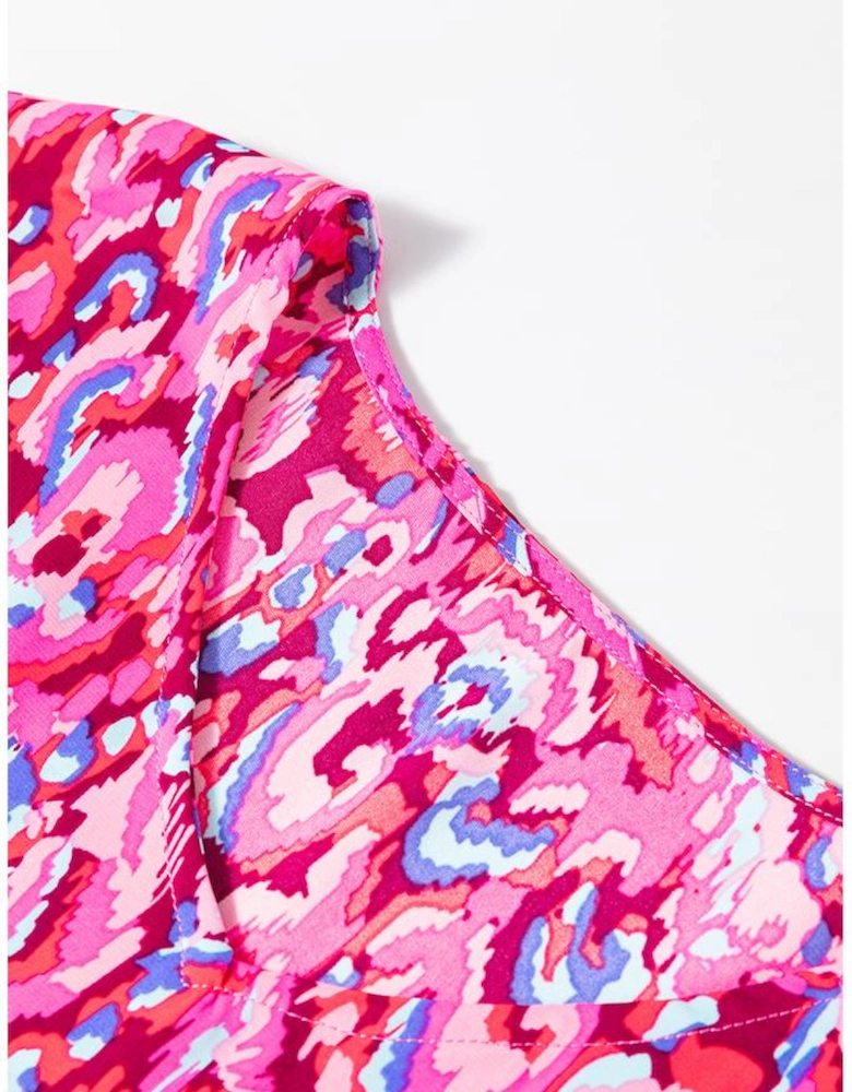 Pink Abstract Print V Neck Half Sleeve Loose Fit Tunic Blouse